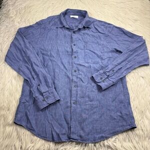 Uniqlo Men's L Blue 100% Linen Long Sleeve Button Front Shirt Minimalist Resort